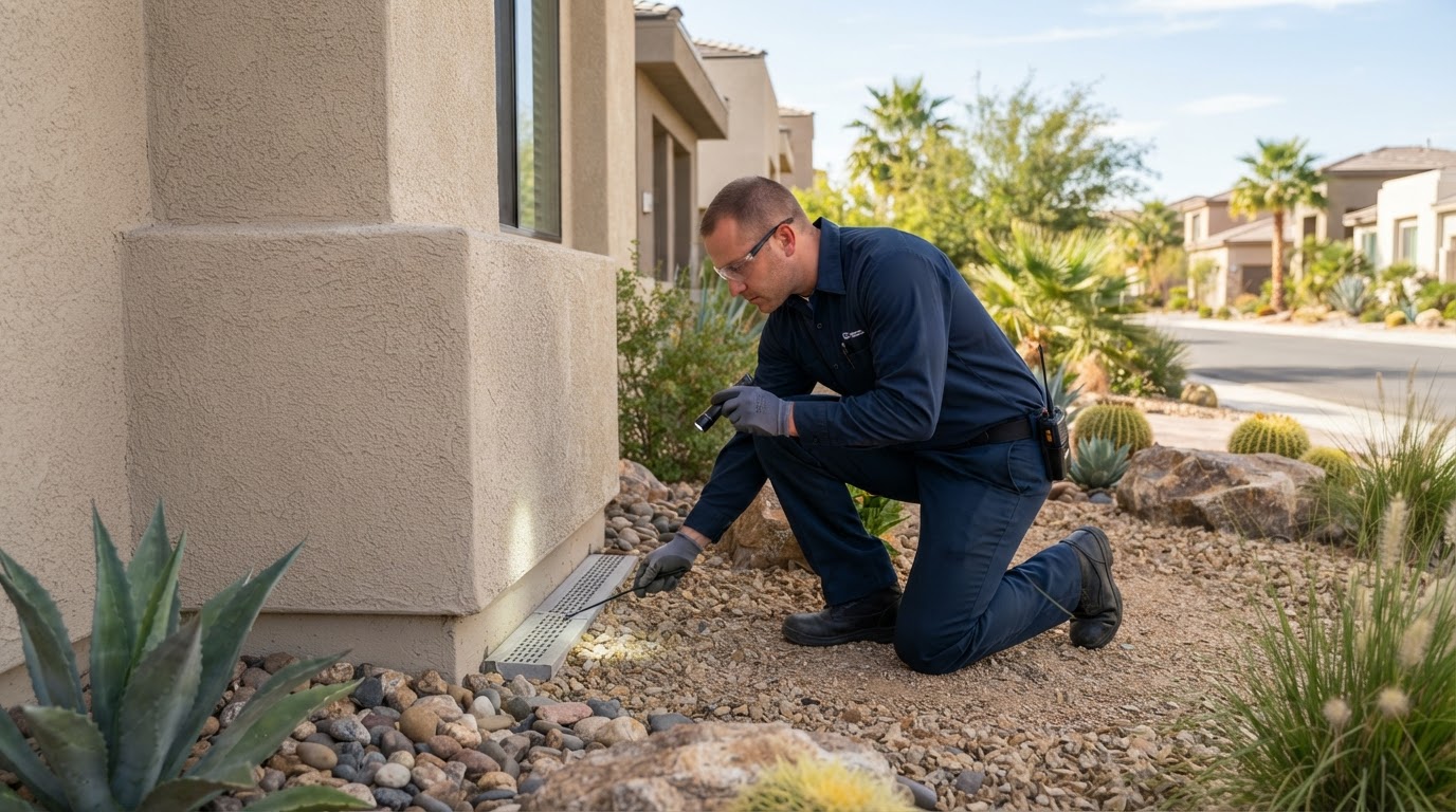 Pest control technician inspecting the perimeter of a modern Las Vegas stucco home