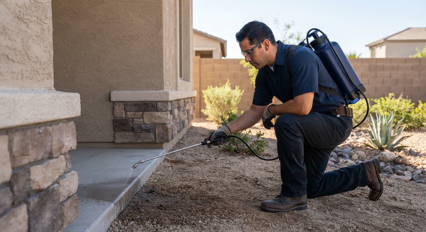 Technician applying a targeted barrier spray around exterior home foundation