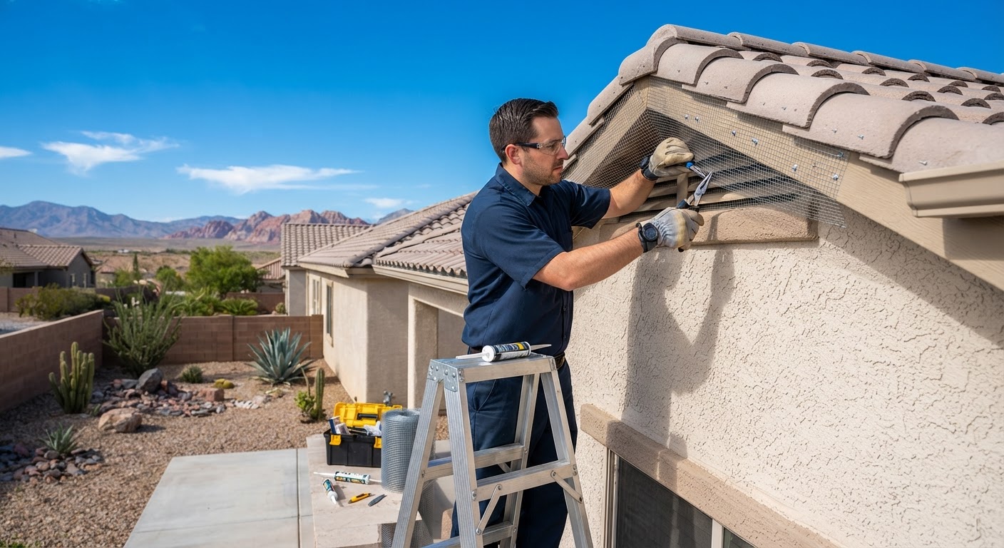 Technician sealing roofline eave entry point for rodent exclusion