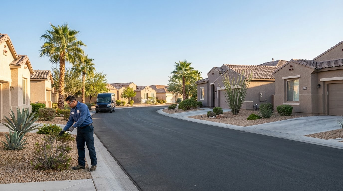 Clean residential neighborhood street in Las Vegas showing stucco homes