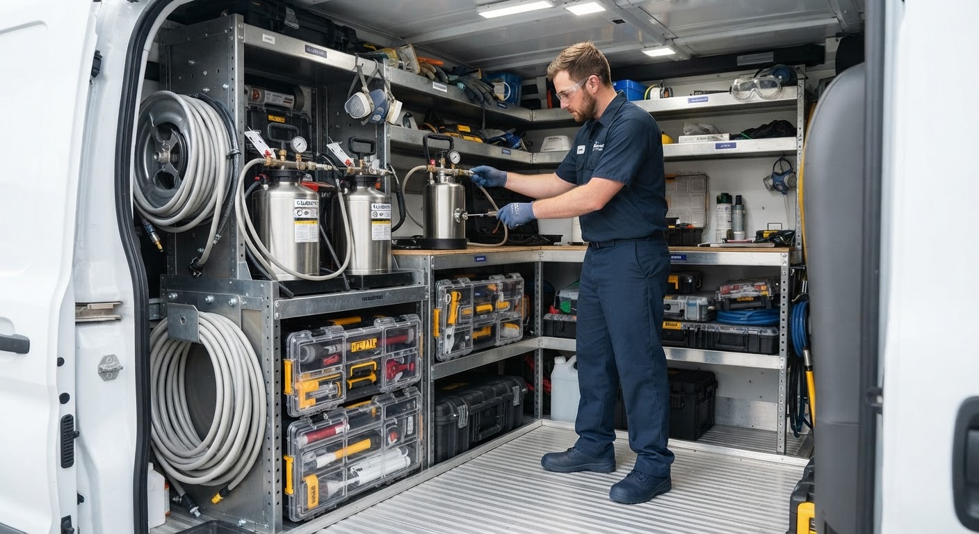 Professional pest control equipment organized inside service vehicle
